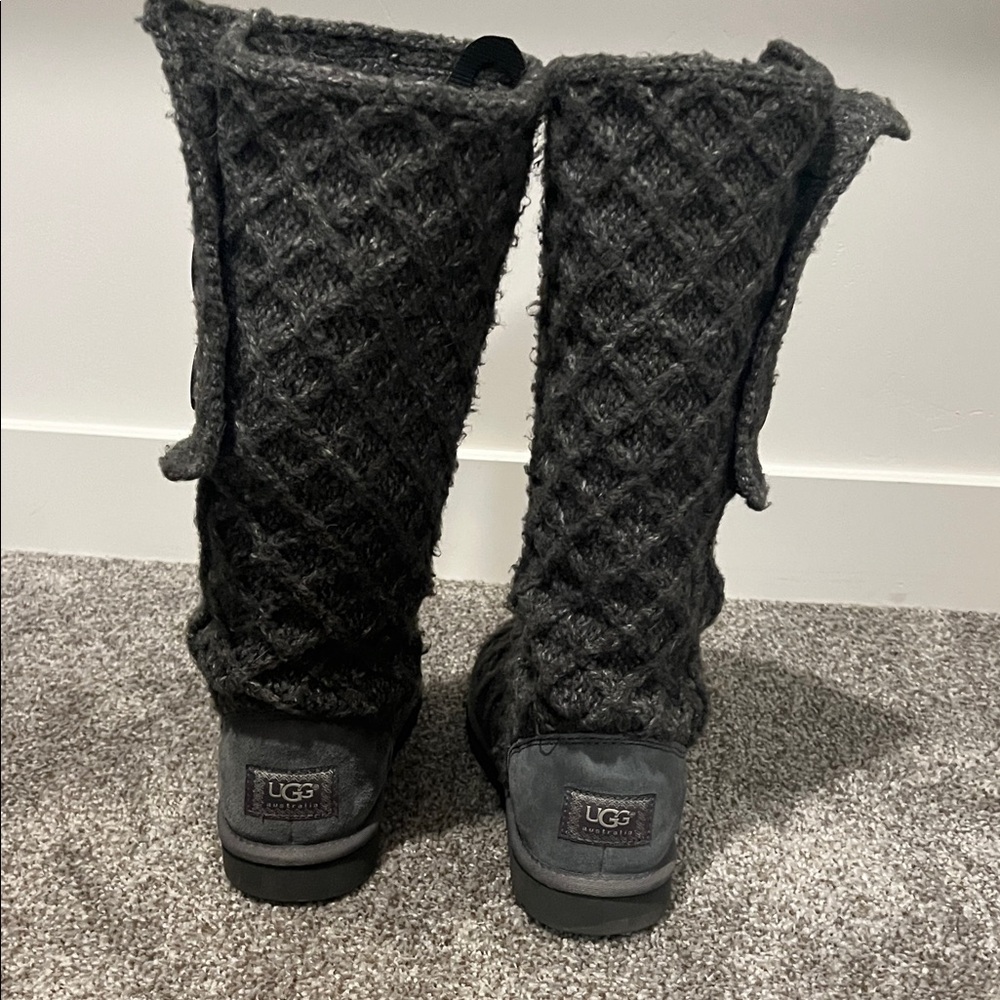 UGG Women’s Lattice Cardy Classic Charcoal Grey Knit Tall Boots - Picture 3 of 5
